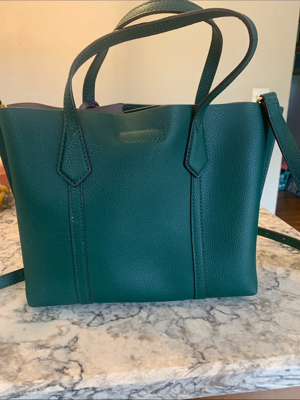 Tory Burch Deep Green Pebbled Leather Tote with Logo Charm